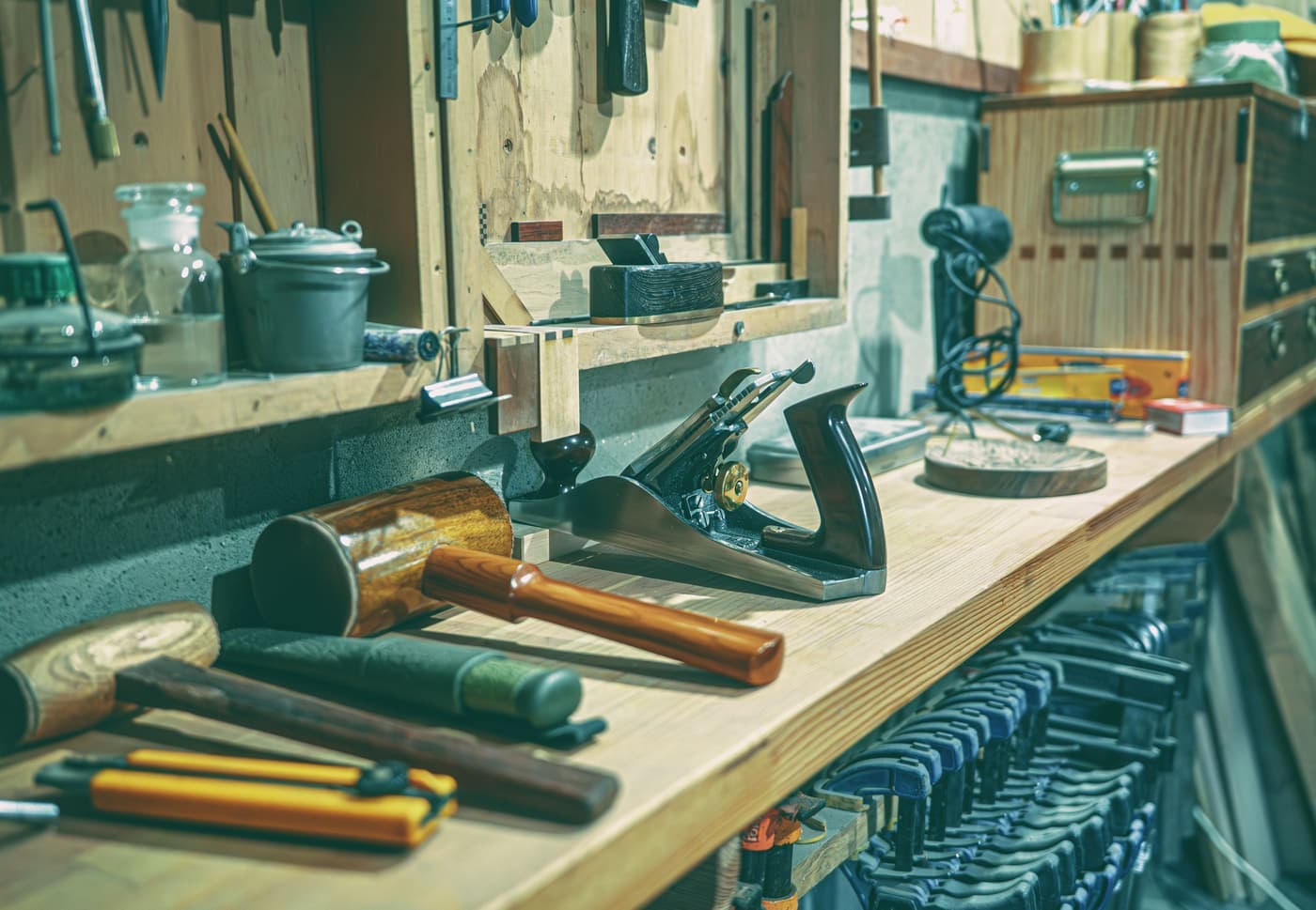 A woodworking bench in a working shop — hand tools, timber and sawdust in warm light